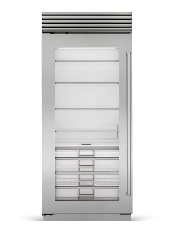 Sub-Zero 36" Classic Refrigerator with Glass Door, model CL3650RA/S/P/L — column refrigeration specified and installed by iKitchen Cabinetry