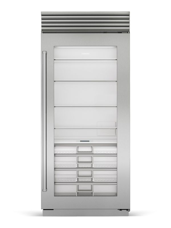 Sub-Zero 36" Classic Refrigerator with Glass Door, model CL3650RA/S/P/R — column refrigeration specified and installed by iKitchen Cabinetry