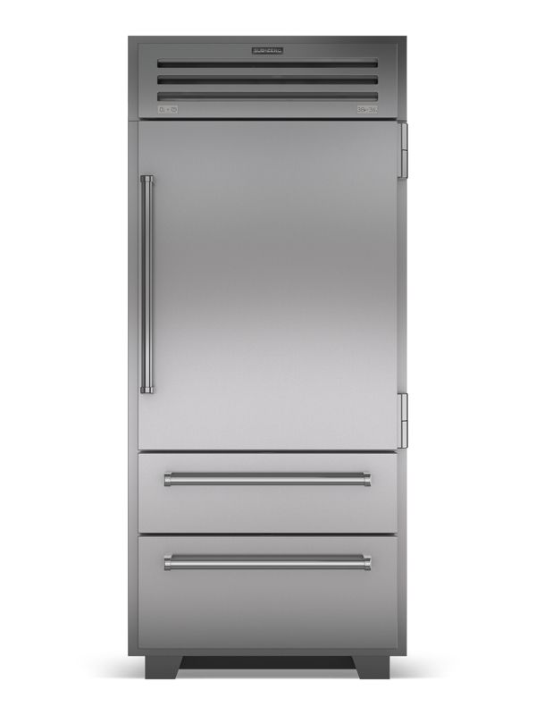 Sub-Zero 36" PRO Refrigerator/Freezer, model PRO3650/RH — over-and-under specified and installed by iKitchen Cabinetry