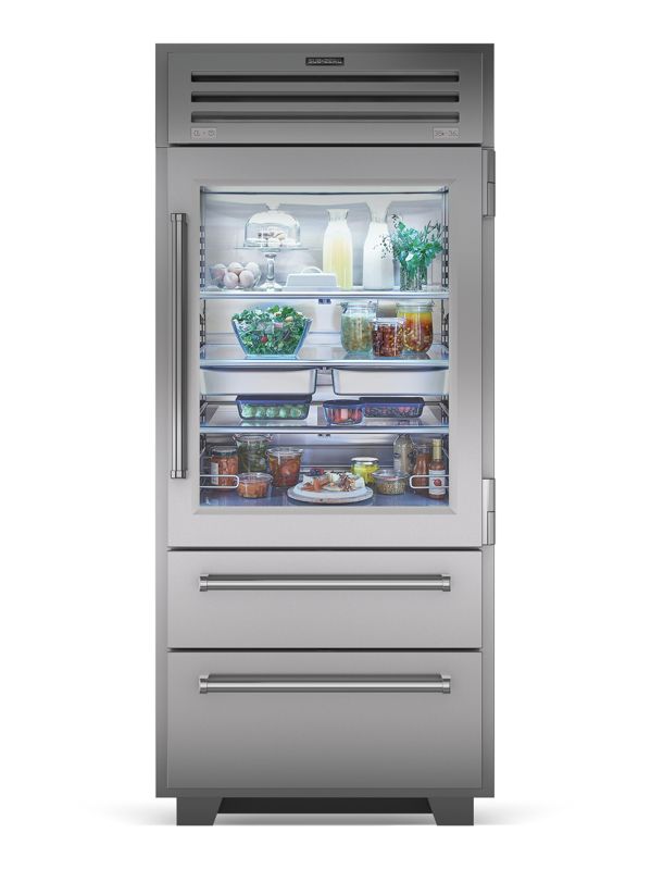 Sub-Zero 36" PRO Refrigerator/Freezer with Glass Door, model PRO3650A/RH — over-and-under specified and installed by iKitchen Cabinetry