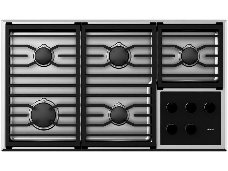Wolf 36" Transitional Gas Cooktop - 5 Burners, model CG365T/S — cooktops & rangetops & modules specified and installed by iKitchen Cabinetry