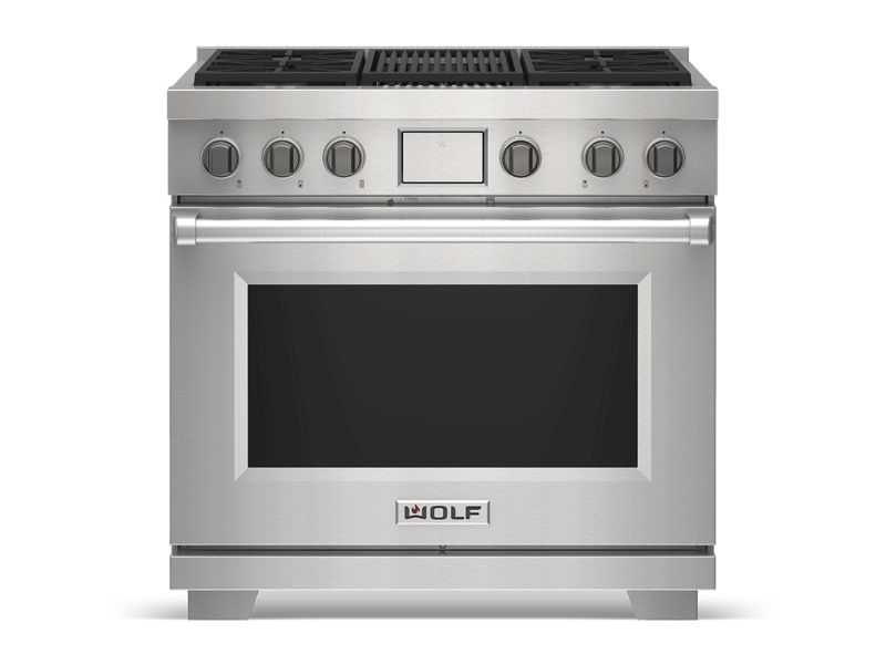 Wolf 36" Dual Fuel Range - 4 Burners and Infrared Charbroiler, model DF36450C/S/P — ranges specified and installed by iKitchen Cabinetry, view 2