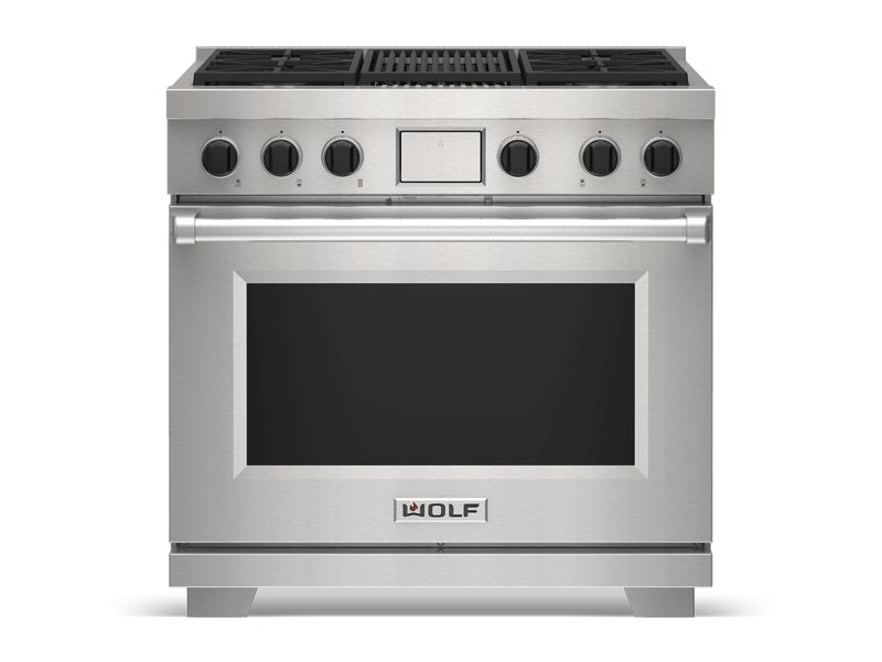 Wolf 36" Dual Fuel Range - 4 Burners and Infrared Charbroiler, model DF36450C/S/P — ranges specified and installed by iKitchen Cabinetry, view 3