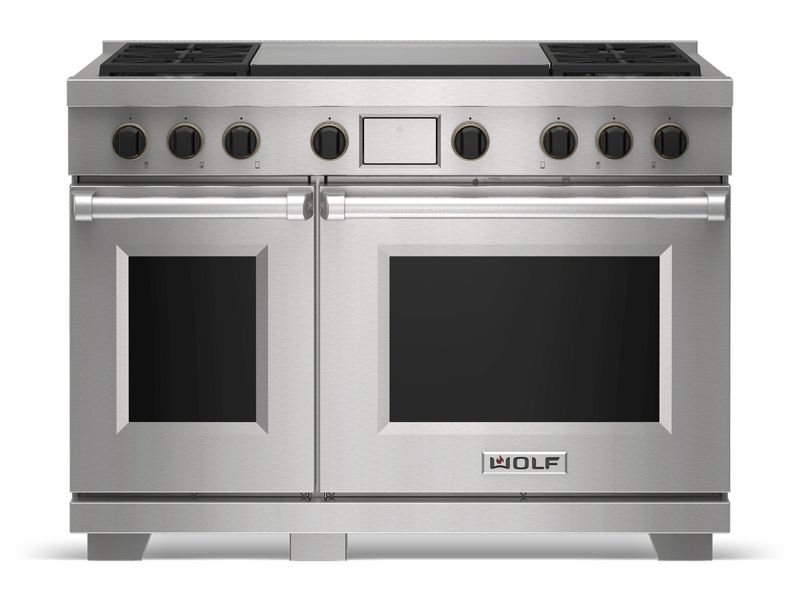 Wolf 48" Dual Fuel Range - 4 Burners and Infrared Dual Griddle, model DF48450DG/S/P — ranges specified and installed by iKitchen Cabinetry