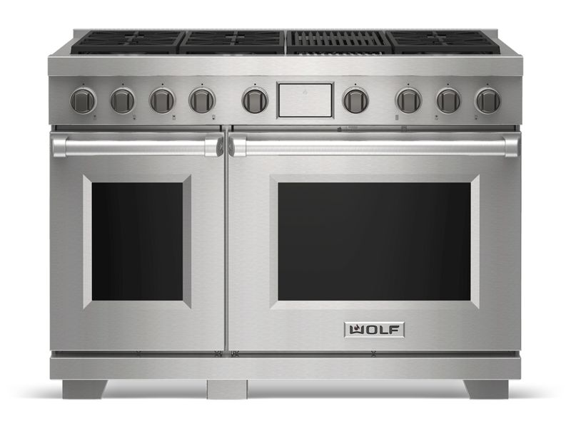 Wolf 48" Dual Fuel Range - 6 Burners and Infrared Charbroiler, model DF48650C/S/P — ranges specified and installed by iKitchen Cabinetry