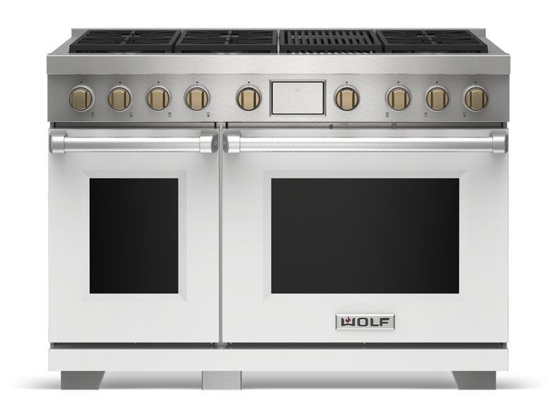 Wolf 48" Dual Fuel Range - 6 Burners and Infrared Griddle, model DF48650G/S/P — ranges specified and installed by iKitchen Cabinetry