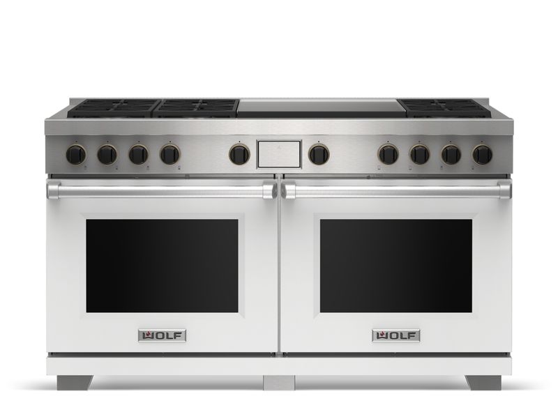 Wolf 60" Dual Fuel Range - 6 Burners and Infrared Dual Griddle, model DF60650DG/S/P — ranges specified and installed by iKitchen Cabinetry