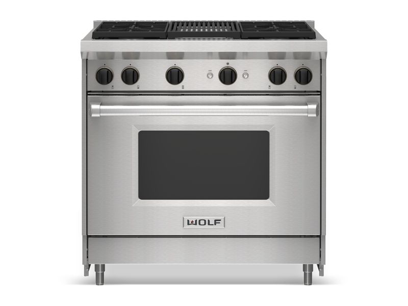 Wolf 36" Gas Range - 4 Burners and Infrared Charbroiler, model GR364C — ranges specified and installed by iKitchen Cabinetry