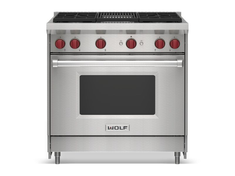 Wolf 36" Gas Range - 4 Burners and Infrared Charbroiler, model GR364C — ranges specified and installed by iKitchen Cabinetry, view 2
