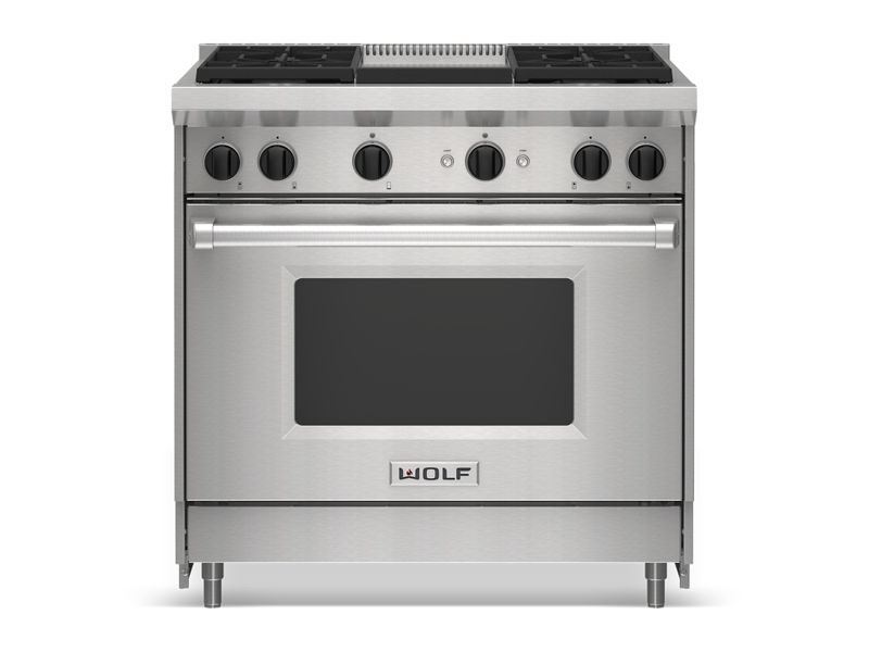 Wolf 36" Gas Range - 4 Burners and Infrared Griddle, model GR364G — ranges specified and installed by iKitchen Cabinetry