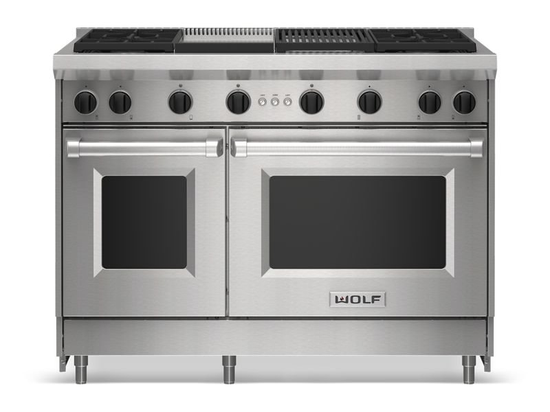Wolf 48" Gas Range - 4 Burners, Infrared Charbroiler and Infrared Griddle, model GR484CG — ranges specified and installed by iKitchen Cabinetry