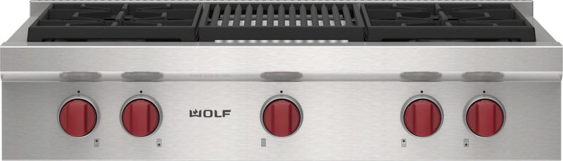 Wolf 36" Sealed Burner Rangetop - 4 Burners and Infrared Charbroiler, model SRT364C — ranges specified and installed by iKitchen Cabinetry
