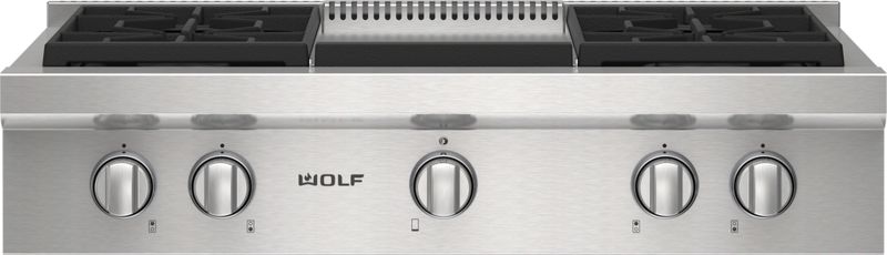 Wolf 36" Sealed Burner Rangetop - 4 Burners and Infrared Griddle, model SRT364G — ranges specified and installed by iKitchen Cabinetry