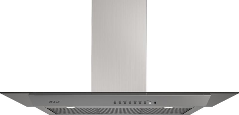 Wolf 45" Cooktop Wall Hood - Glass, model VW45G — ventilation specified and installed by iKitchen Cabinetry