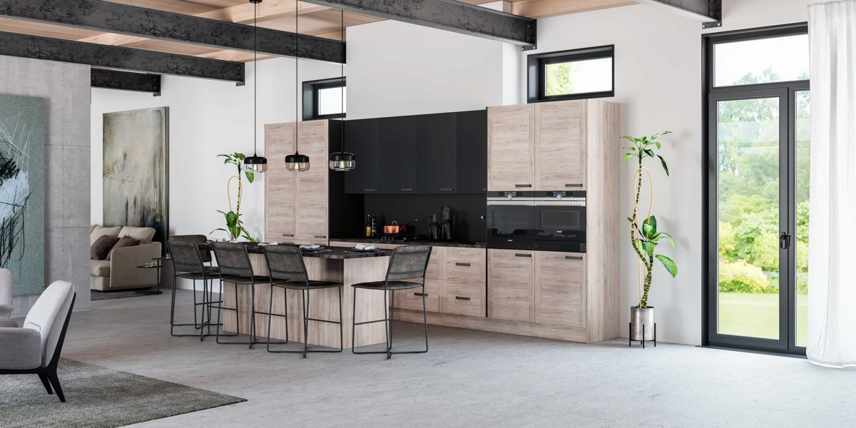 Kitchen in ALVIC Anniversary Oak 01 SYNCRON oak paired with black super-matt cabinetry