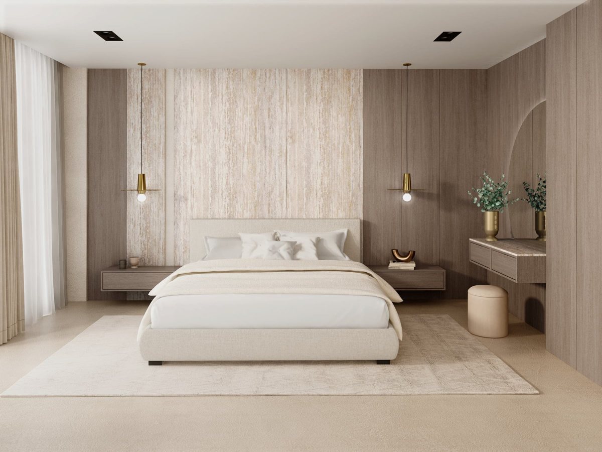 Bedroom wardrobe doors in ALVIC Goya 02 SYNCRON beech with a contrasting woodgrain unit