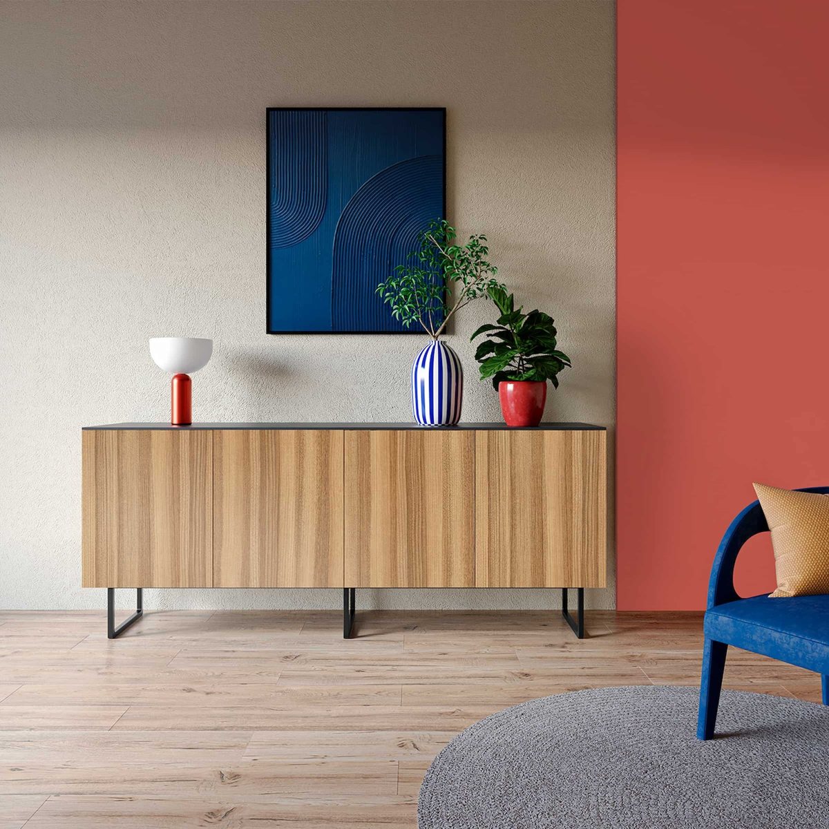 Bar counter in ALVIC Murillo 01 SYNCRON walnut with red super-matt panels and dark compact laminate