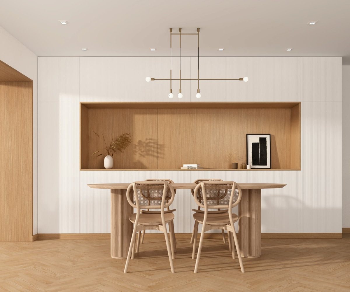 Dining room with honey ALVIC Velázquez 04 SYNCRON oak and white textured cabinetry