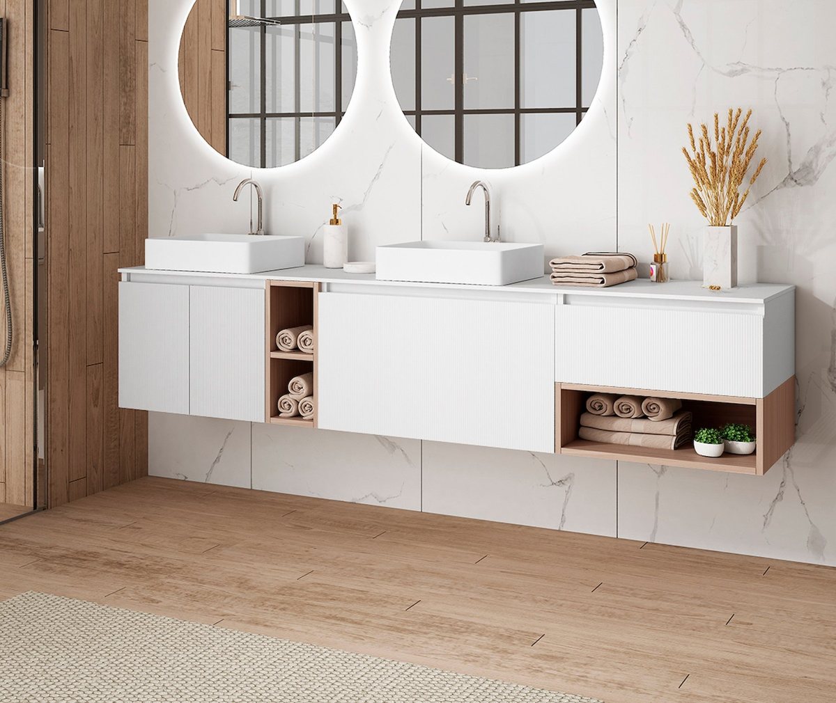 Close detail of an ALVIC Blanco Polar DY white cabinet front showing vertical grain