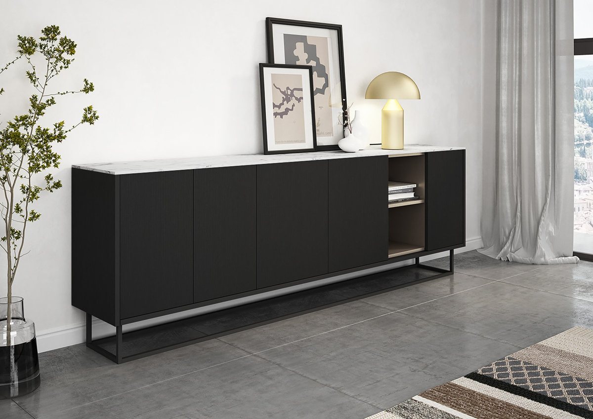 Black ALVIC Negro DY cabinet fronts with vertical grain under low light