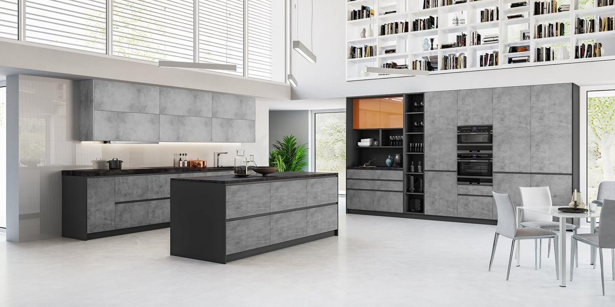 Open-plan kitchen in ALVIC Factory 01 and Factory 02 concrete greys with charcoal units