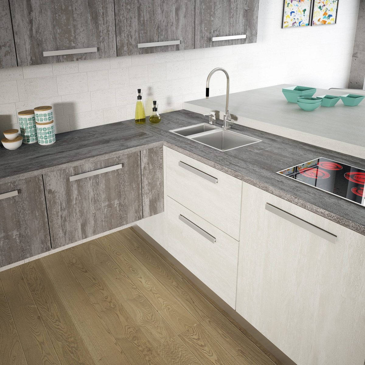 Kitchen with pale ALVIC Ice Cream 01 SYNCRON fronts and a darker shade from the same range