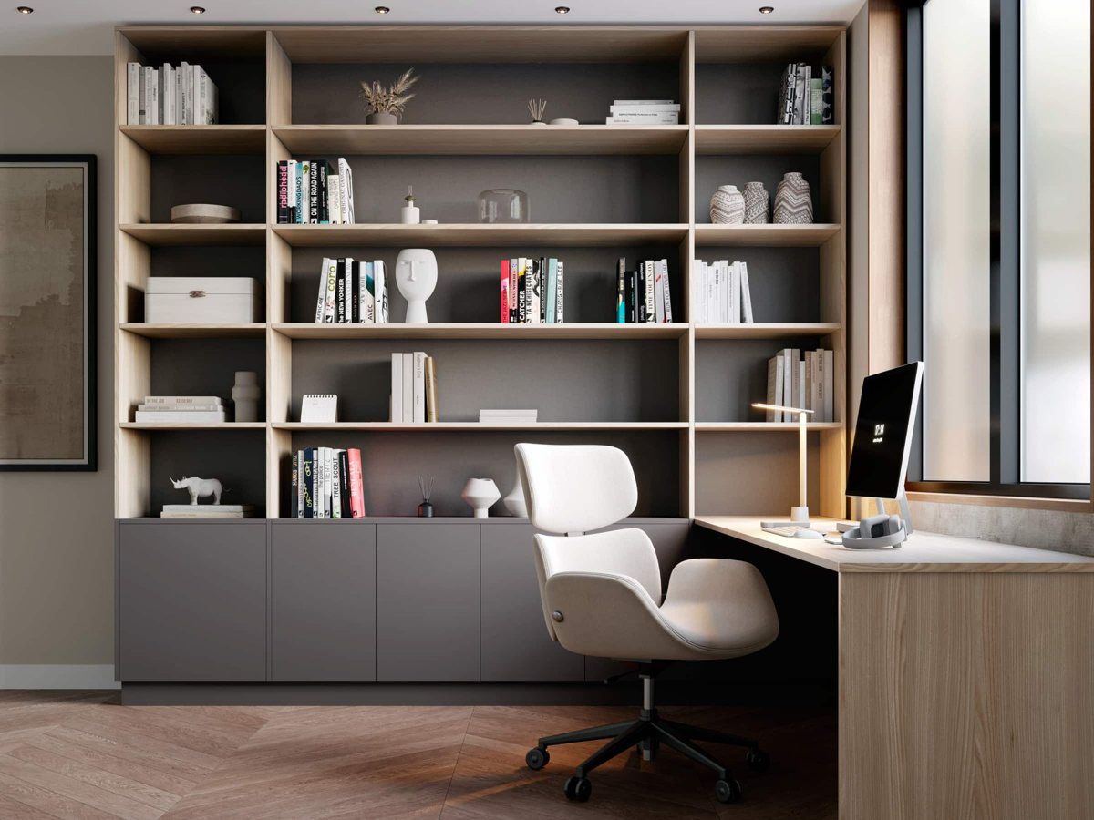Home office with ALVIC Lino Marengo 03 charcoal linen cabinetry and a grey wall unit