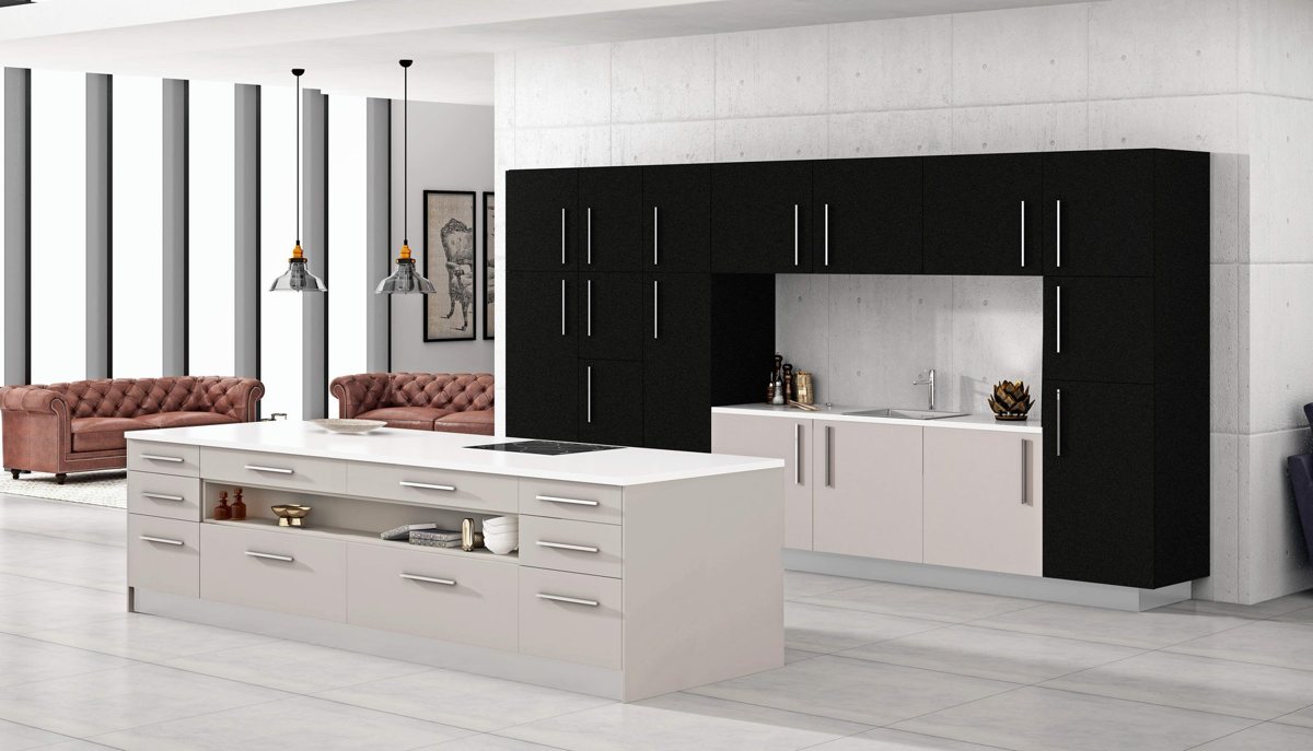 Black ALVIC Negro MD Metal Deco cabinetry shown with Cashemire fronts