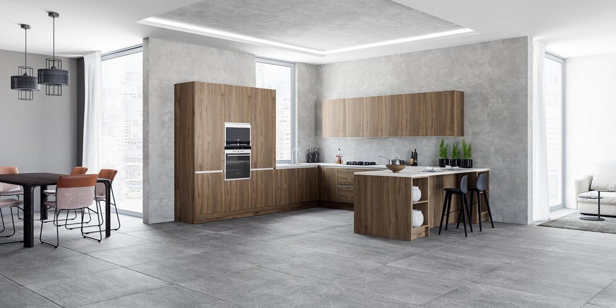 Kitchen in ALVIC Nocce 03 SYNCRON wood cabinetry with a coordinating worktop