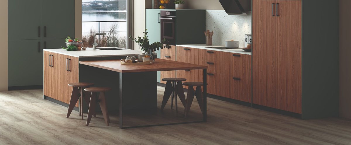 ALVIC Nogal Rosales 02 SYNCRON wood cabinetry with sage green matt fronts