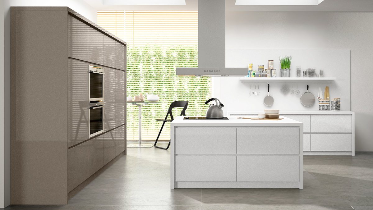 Kitchen with ALVIC Basalto Pearl base cabinets under Blanco Colonial Pearl uppers