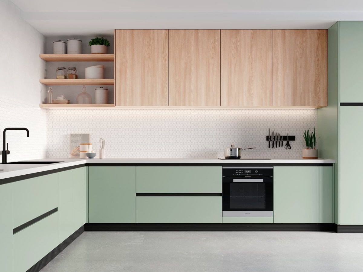 Green ALVIC Agave kitchen cabinetry with pale ash-effect textured wood fronts