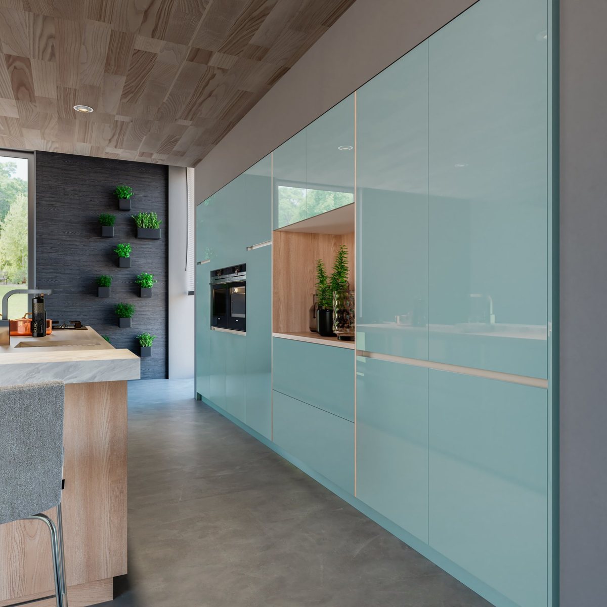Pale blue-green ALVIC Agua Marina kitchen with light ash-effect wood cabinetry