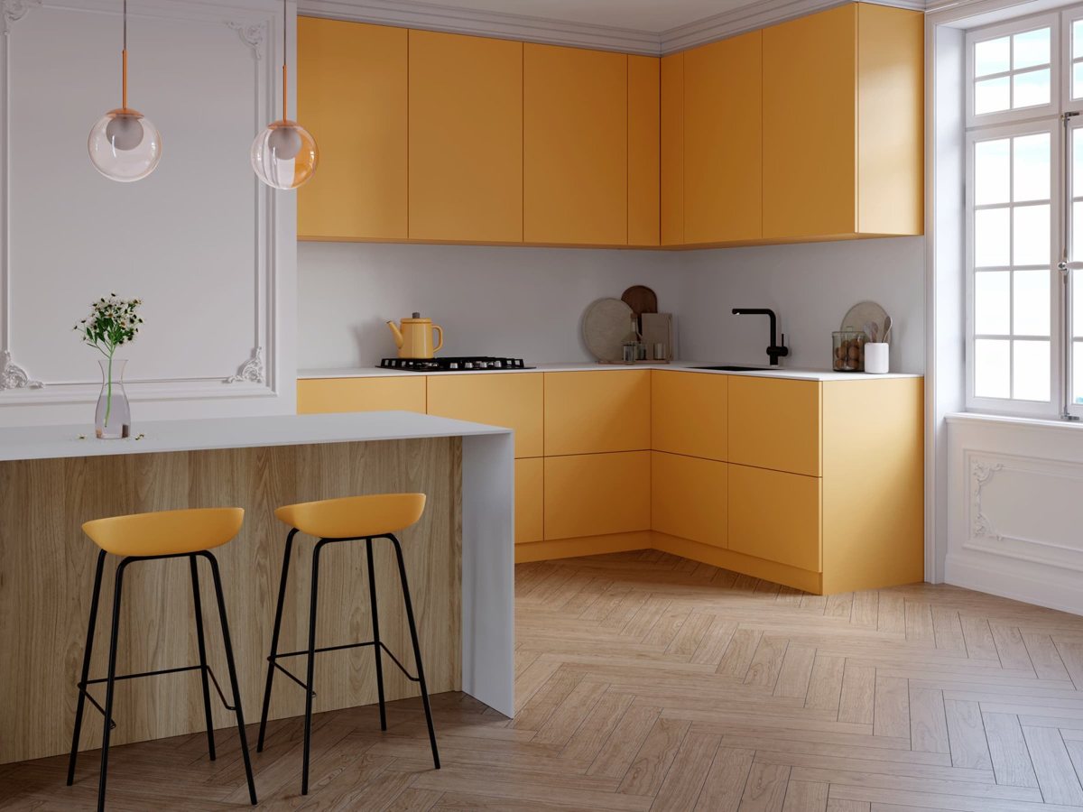 Yellow ALVIC Amarillo Albero kitchen with dark walnut fronts and white worktop