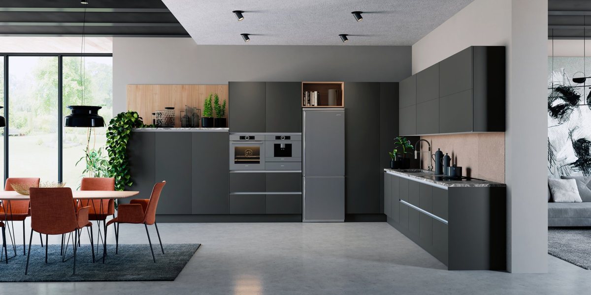 Dark grey ALVIC Antracita kitchen with walnut-effect fronts and marble-look worktop