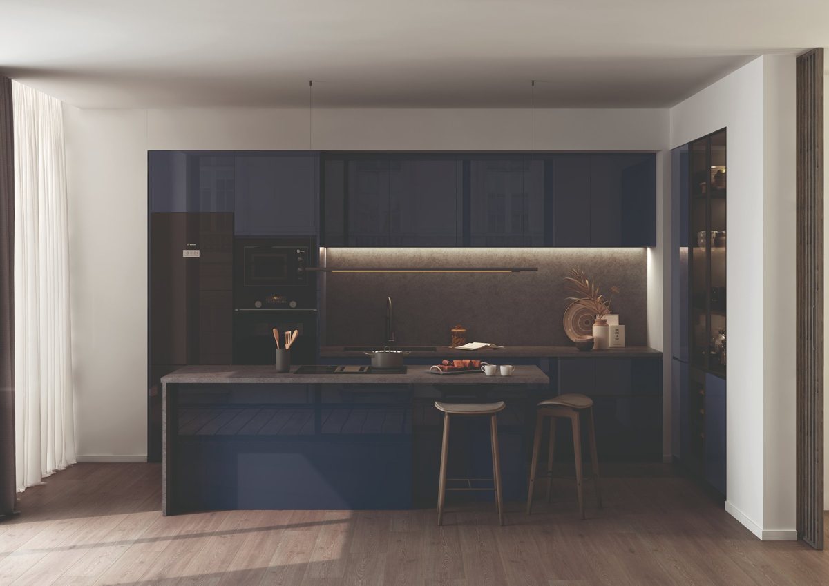 Navy ALVIC Azul Marino high-gloss kitchen fronts under a light stone counter