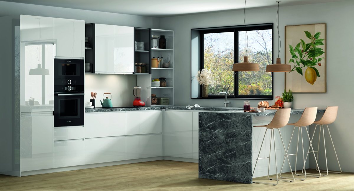 Gloss white ALVIC Blanco kitchen with a full run of base units and a contrasting worktop