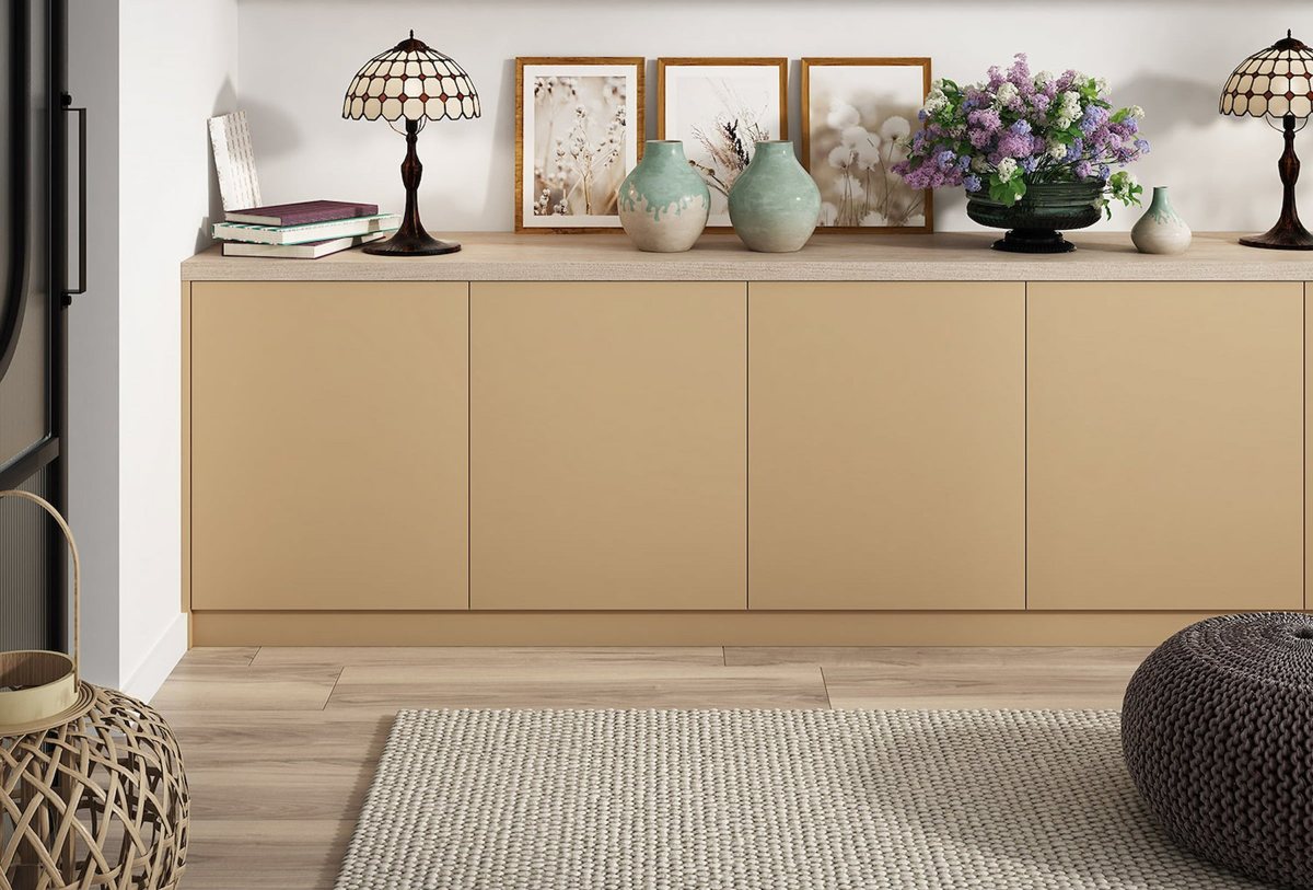 ZENIT Camel kitchen cabinetry paired with textured oak fronts