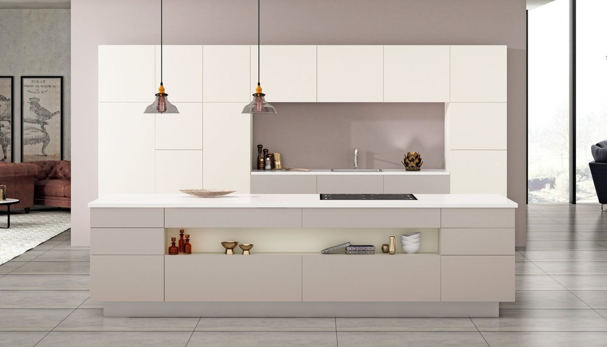 Cream ALVIC Cashmere fronts set against off-white cabinetry and a metallic decor panel