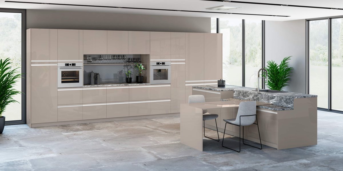 Warm grey ALVIC Gris-2 kitchen in a high-gloss LUXE finish with handleless fronts
