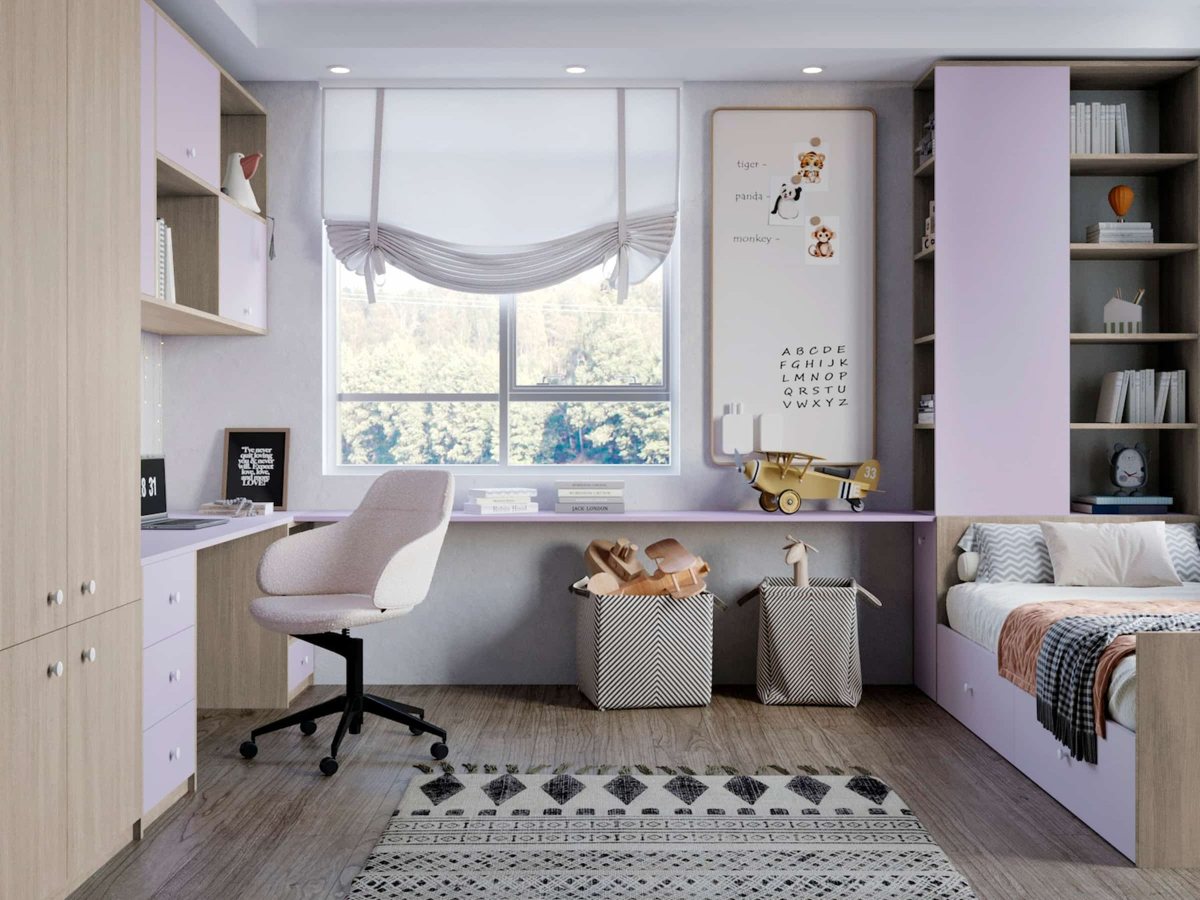 Lavender ALVIC wardrobe fronts in a bedroom beside textured woodgrain panelling