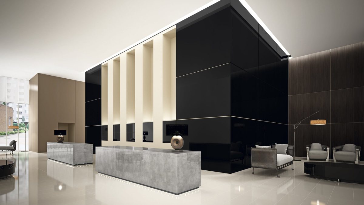 Gloss black ALVIC Negro panelling in a hotel lobby with a silver metallic finish