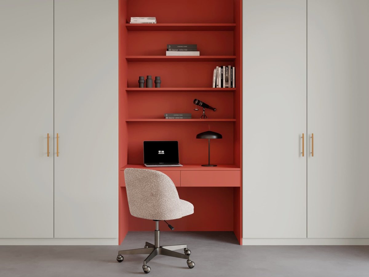 Deep red ALVIC Rojo Pompei desk and storage in a home office with grey cabinetry