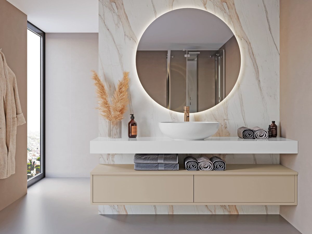 Taupe ALVIC vanity cabinetry in a contemporary bathroom with a stone counter