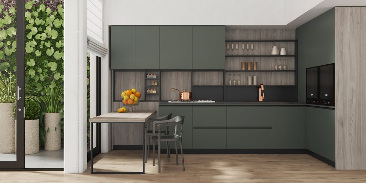 Sage green ALVIC Verde Salvia cabinetry in a bright interior