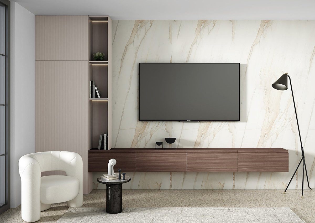 ALVIC Bernini marble-effect island front with waterfall end in a modern kitchen
