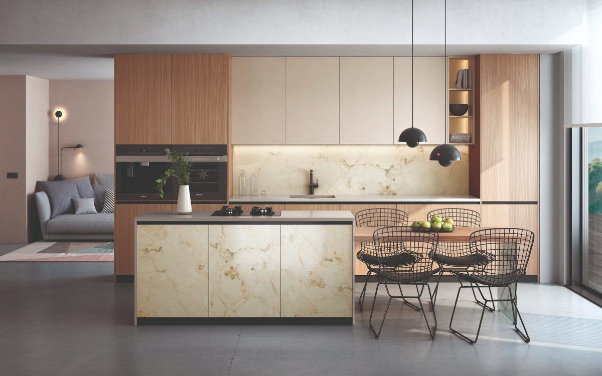 Light ALVIC Picasso 01 walnut cabinetry with stone-effect Nuvola 01 surfaces