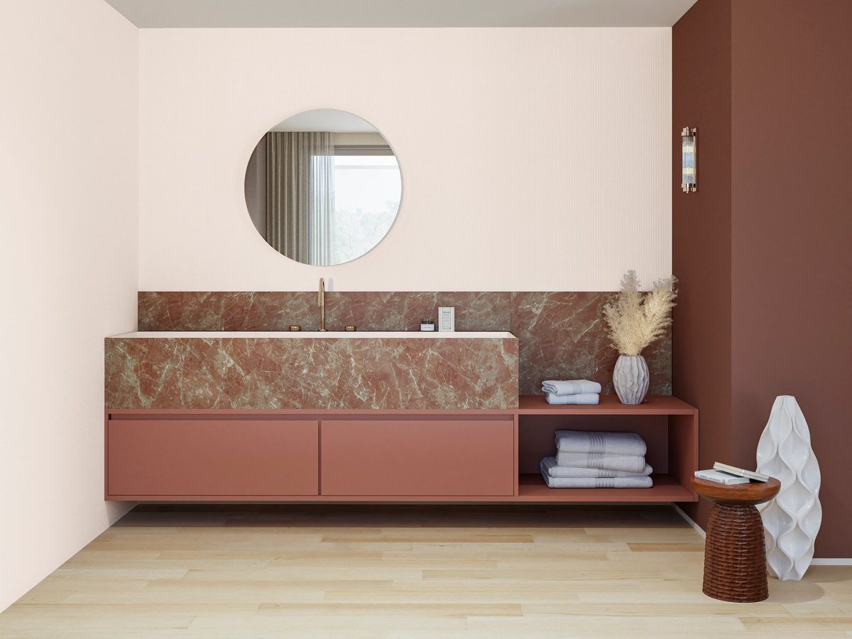 Red ALVIC Sierra 01 marble-effect fronts with bright pale veining