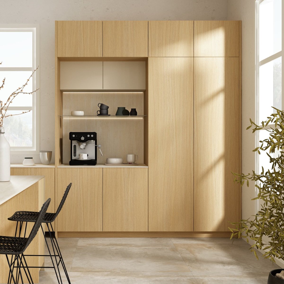 Breakfast bar detail in SYNCRON travertine ALVIC Trevi 01 with contrasting cabinetry