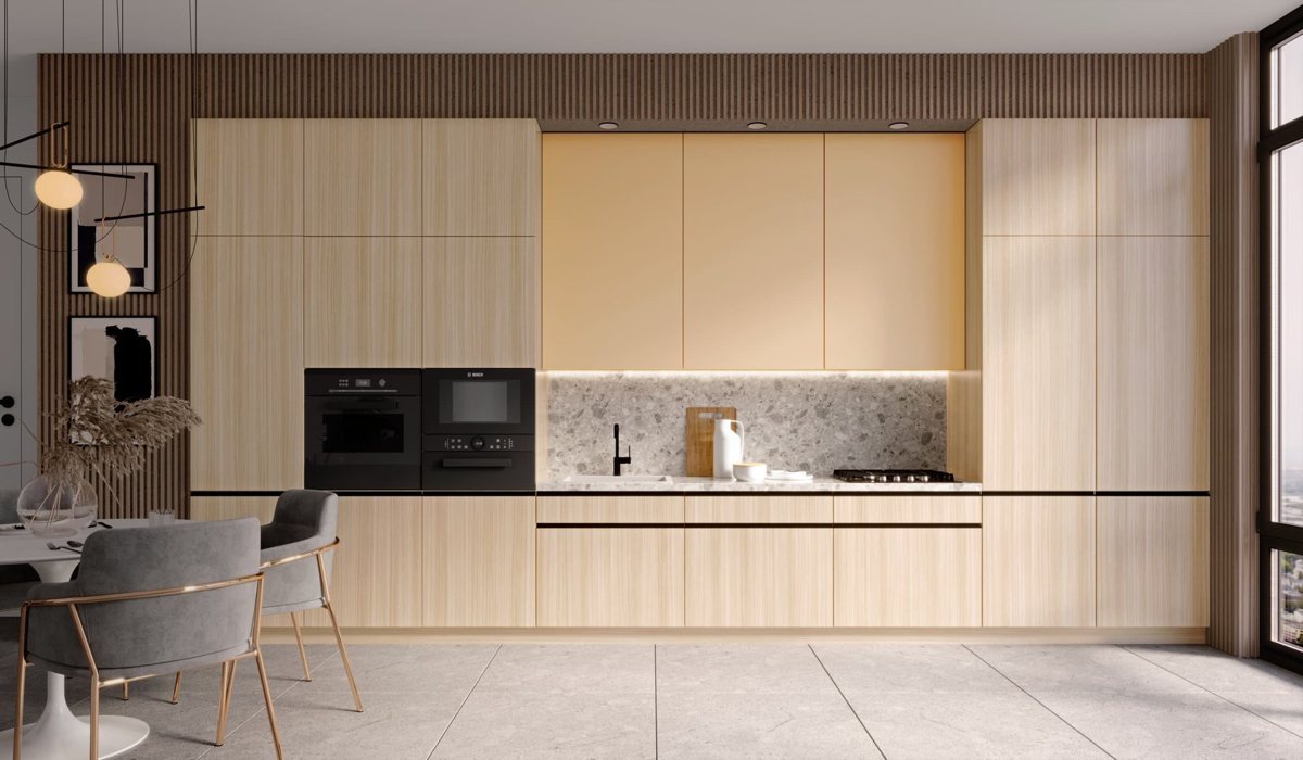 ALVIC Woodline 04 hazelnut linear woodgrain cabinetry with metal detailing